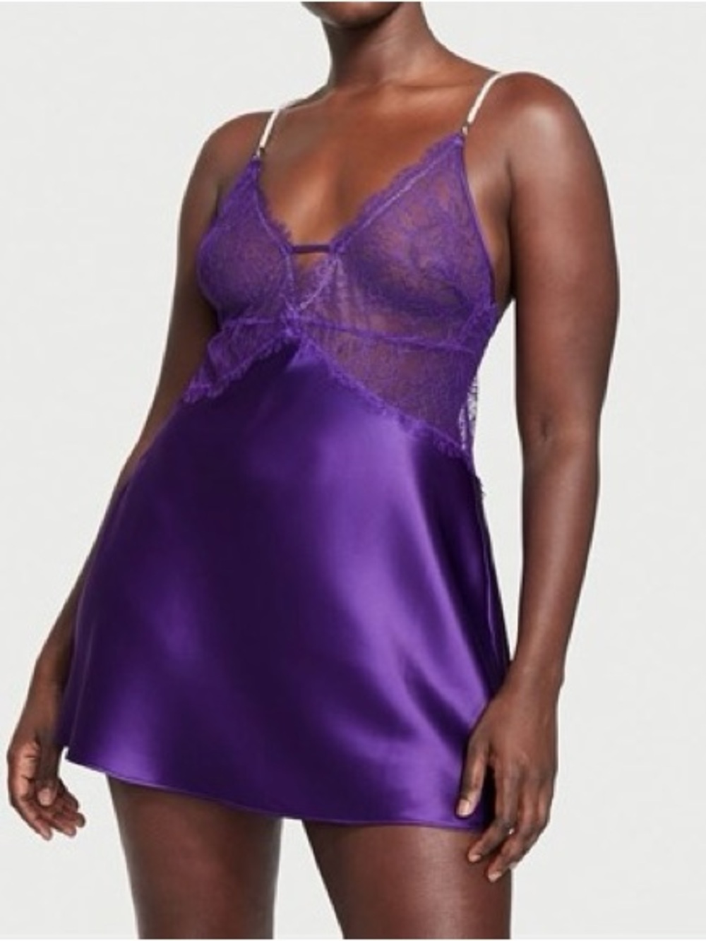 Victoria’s Secret Purple Lace Rhinestone Strap Chemise Silky Lingerie Dress